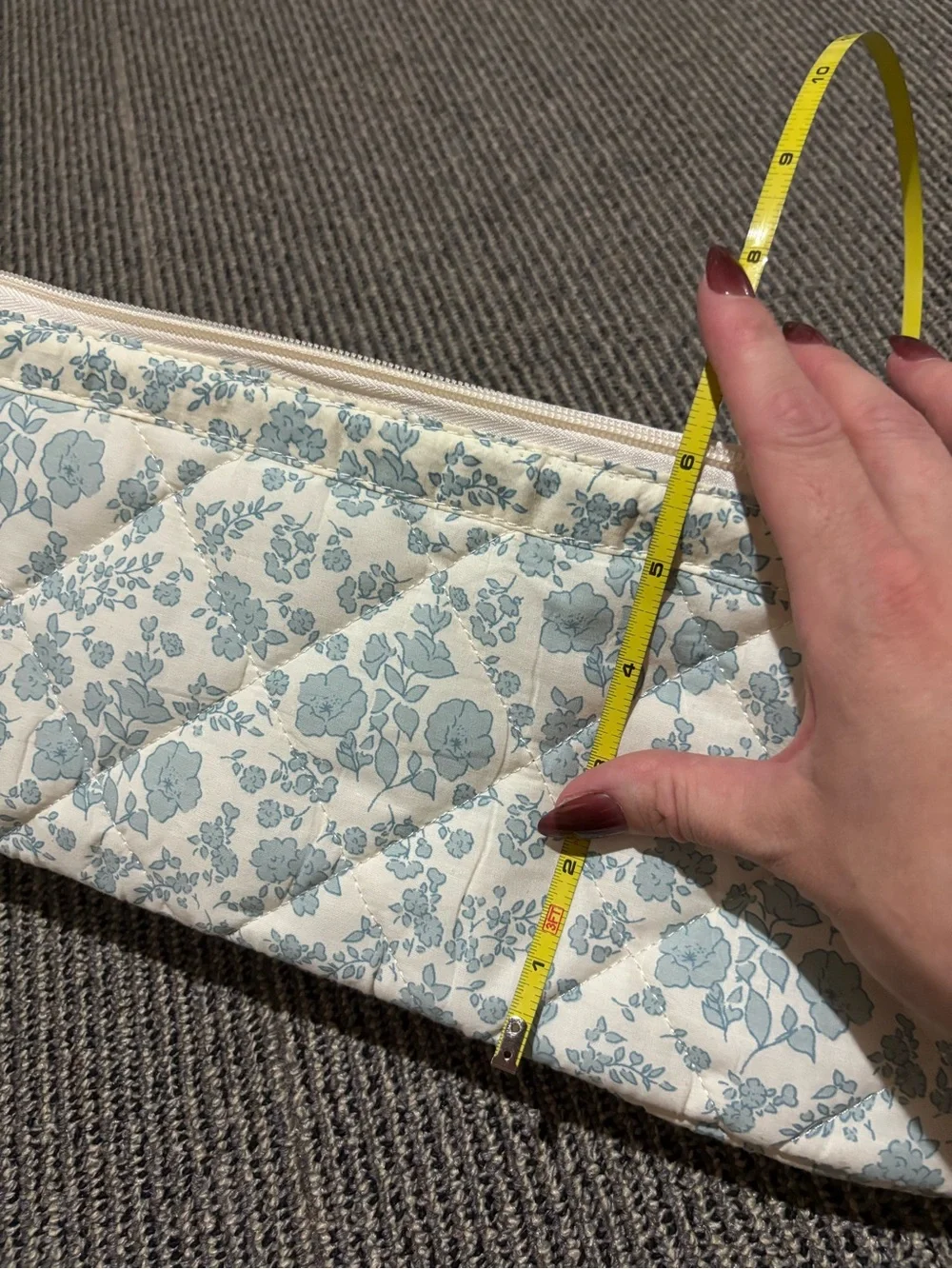 Quilted Floral Zip Cosmetic Pouch - Blue on Cream